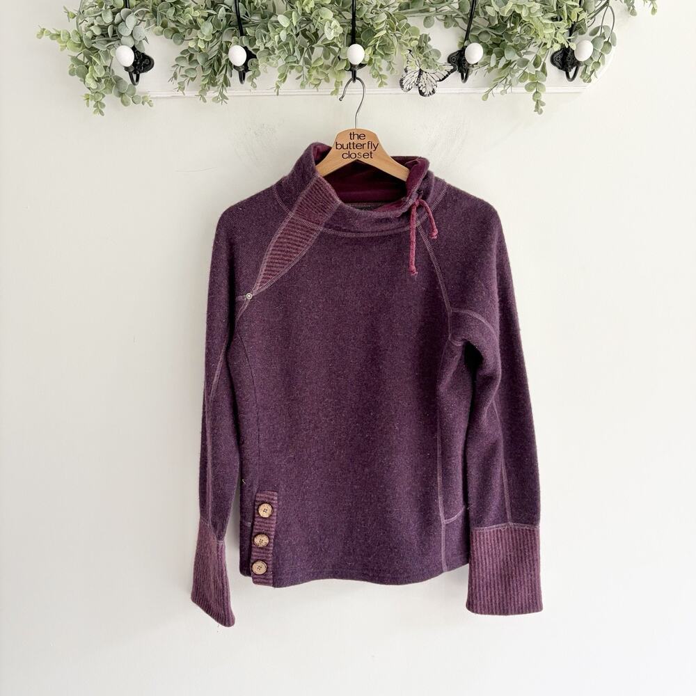 Prana Womens Plum Purple Wool Blend Asymmetrical Funnel Neck Pullover Sweater S